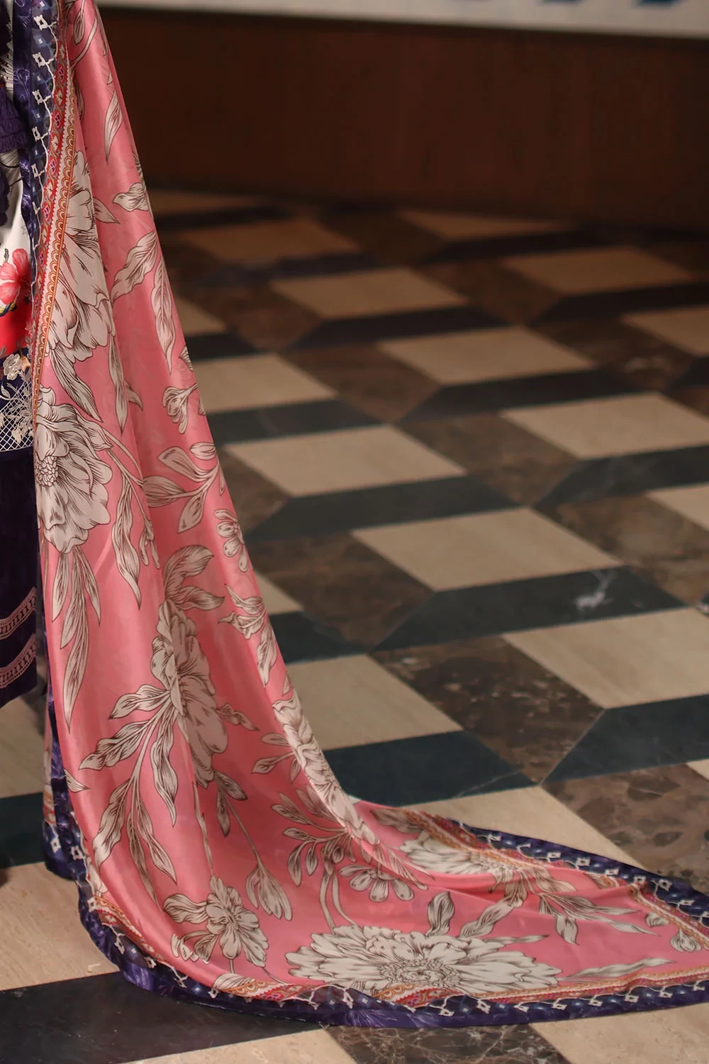 3 Piece Printed Charmeuse Silk Suit with Embroidered Organza Details and Printed