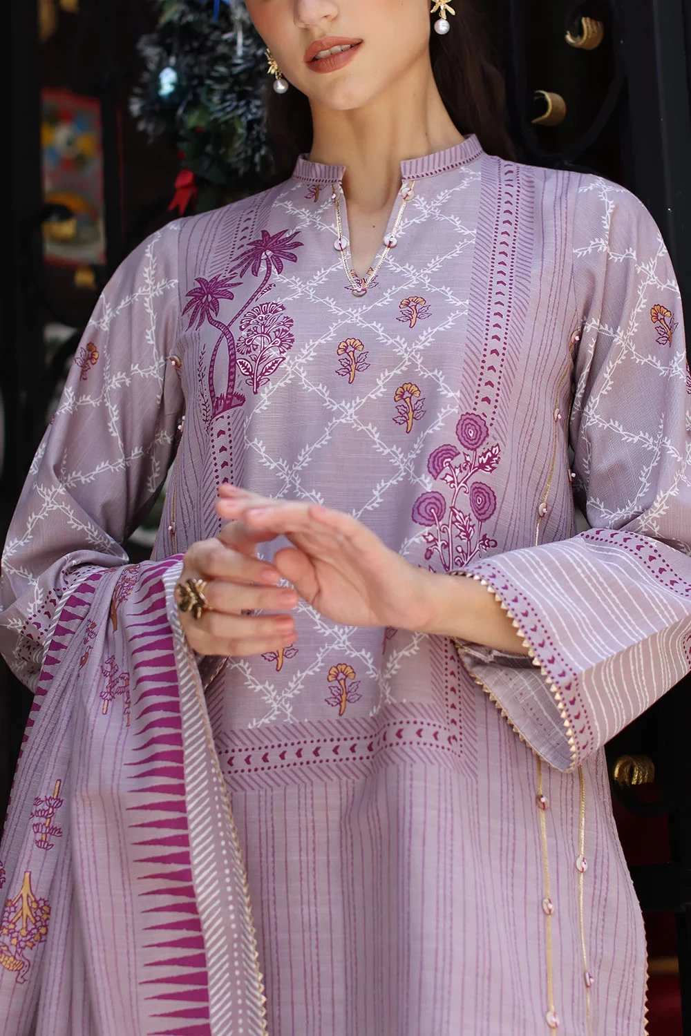 3 Piece Gold Printed Khaddar Suit with Gold Printed Khaddar Dupatta - W-FB-WIN-2