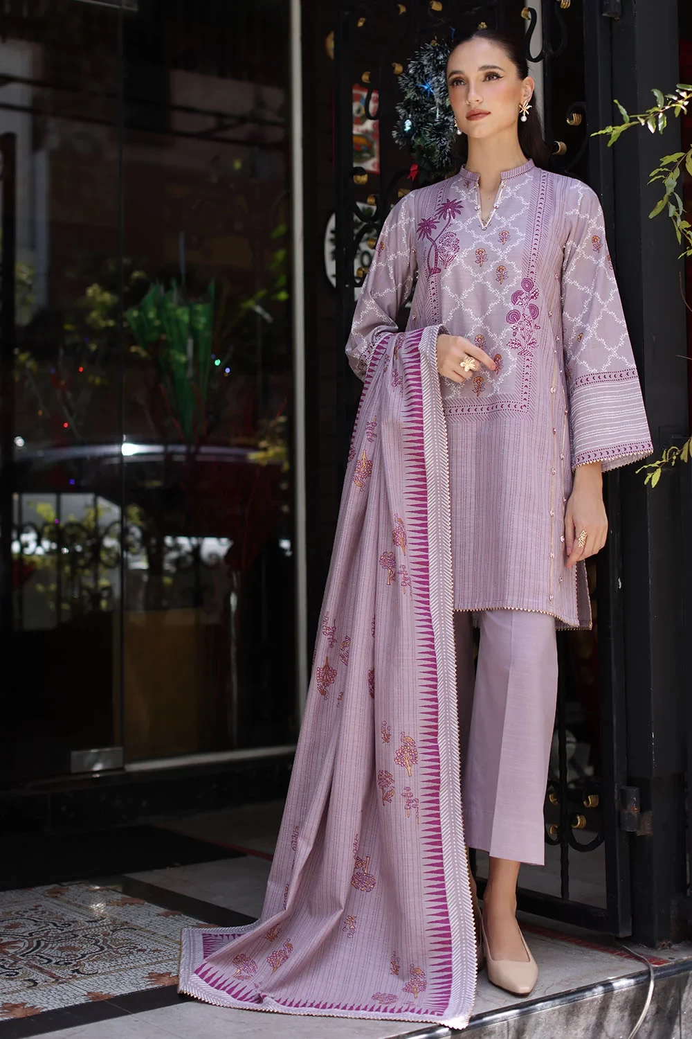 3 Piece Gold Printed Khaddar Suit with Gold Printed Khaddar Dupatta - W-FB-WIN-2