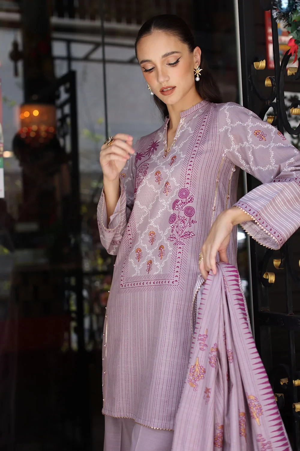 3 Piece Gold Printed Khaddar Suit with Gold Printed Khaddar Dupatta - W-FB-WIN-2