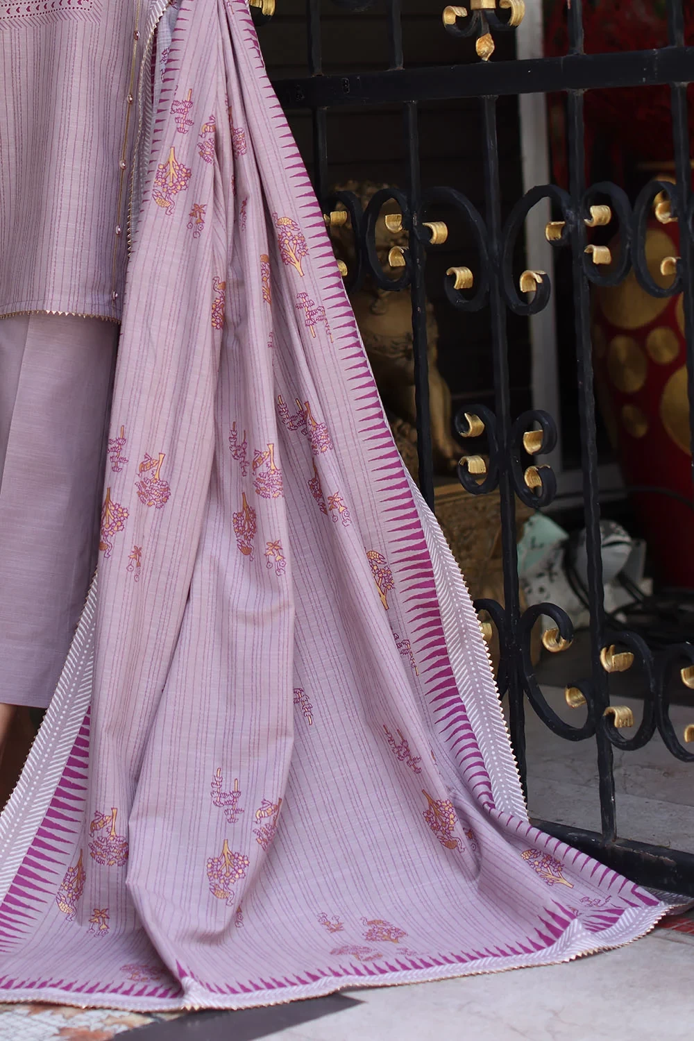 3 Piece Gold Printed Khaddar Suit with Gold Printed Khaddar Dupatta - W-FB-WIN-2