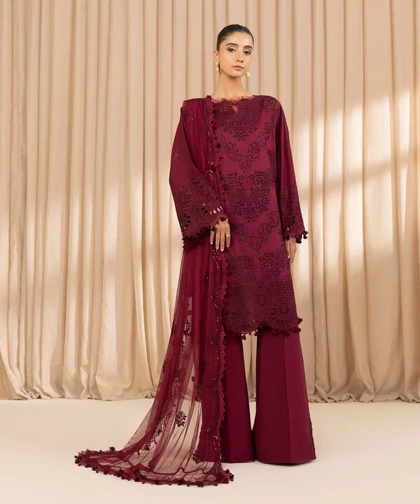 3 Piece - Embroidered Cotton Satin Suit SKU: 0U3PELX25V28