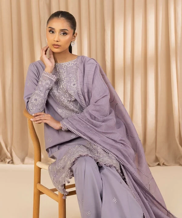 3 Piece - Embroidered Cotton Suit SKU: 0U3PELX25V21