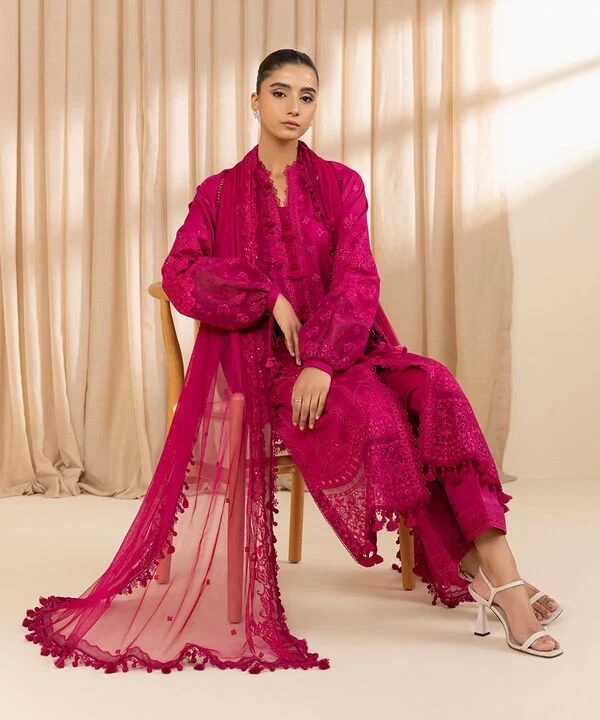3 Piece - Embroidered Cotton Satin Suit SKU: 0U3PELX25V27