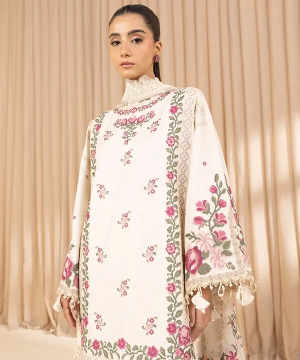 3 Piece - Embroidered Cotton Satin Suit SKU: 0U3PELX25V26