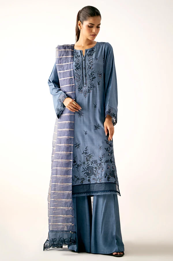 3 Piece Embroidered Raw Silk Suit SKU: WUM34209