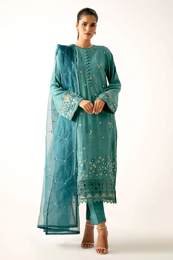 3 Piece Embroidered Raw Silk Suit SKU: WUM34109