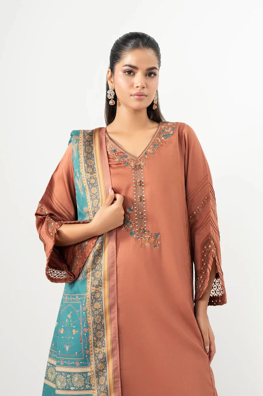 3 Piece Embroidered Cotton Satin Suit SKU: WAM34622