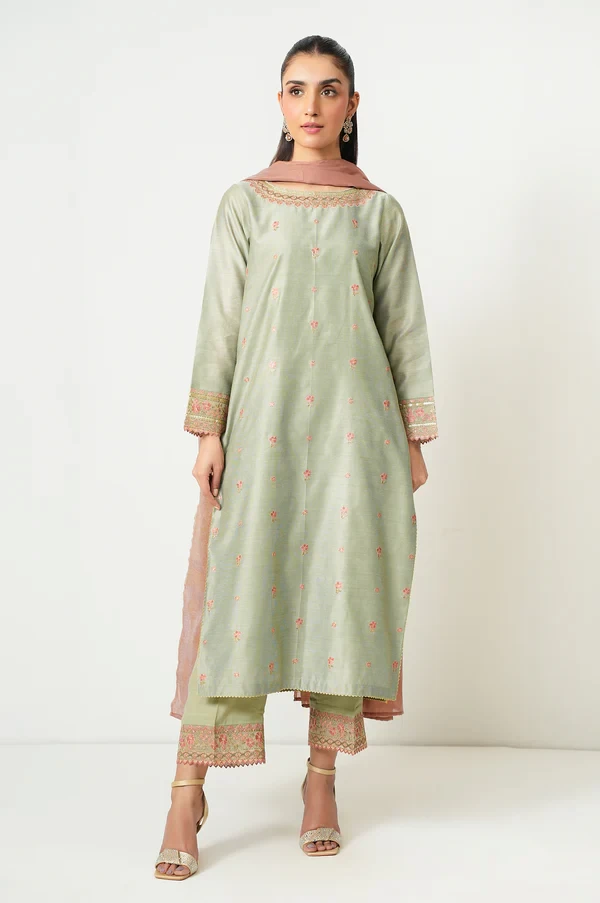 3 Piece Embroidered Cotton Net Suit SKU: WUM35112