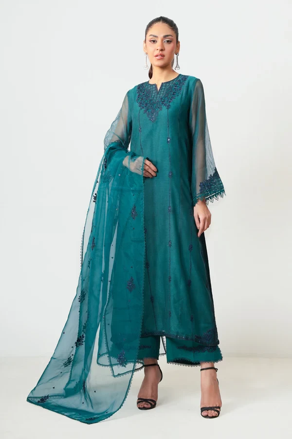 3 Piece Embroidered Khaddi Net Suit SKU: WUM35115