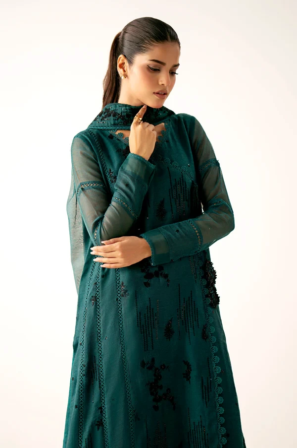 3 Piece Embroidered Khaddi Net Suit  SKU: WUM34203