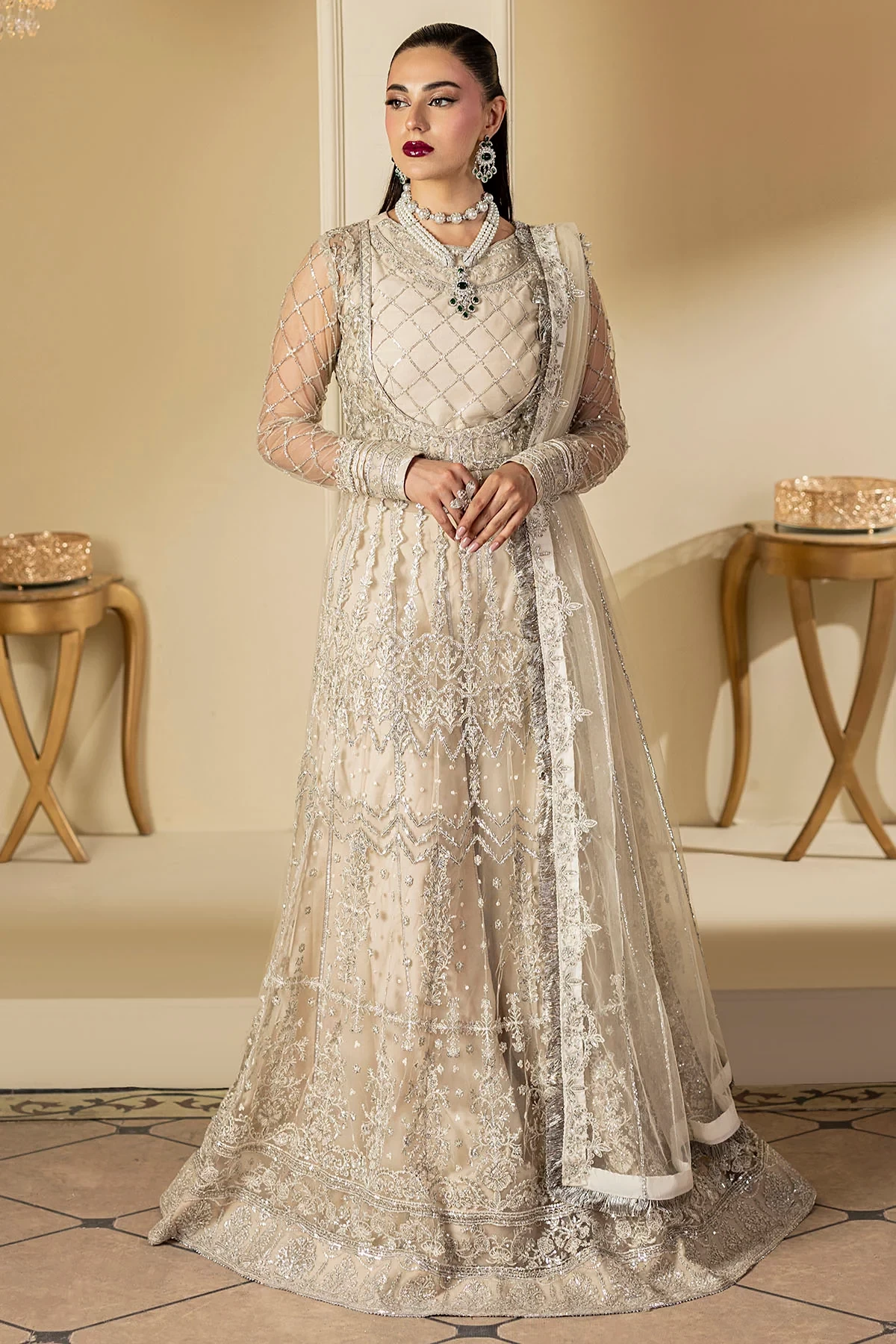 5131-DOVE EMBROIDERED SILK NET - MWU05131-999-DOVE