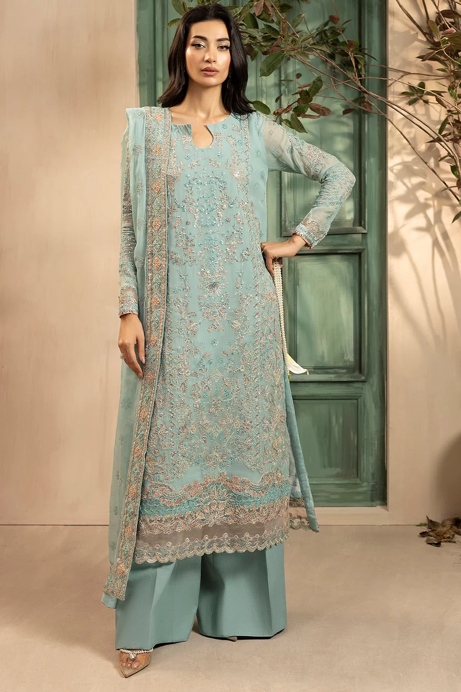 5574-FLORA EMBROIDERED CRINKLE CHIFFON - MWU05574-999-FLORA