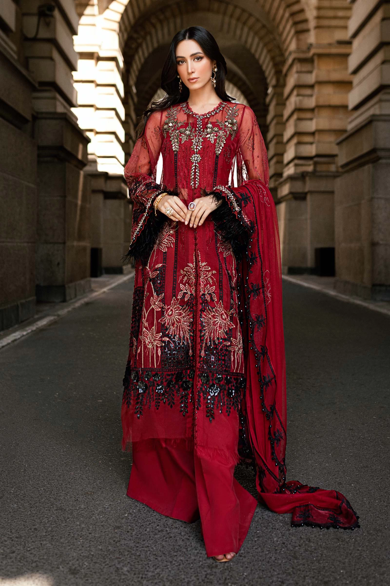 3 Piece Embroidered Organza Suit - WF-09-06-Red