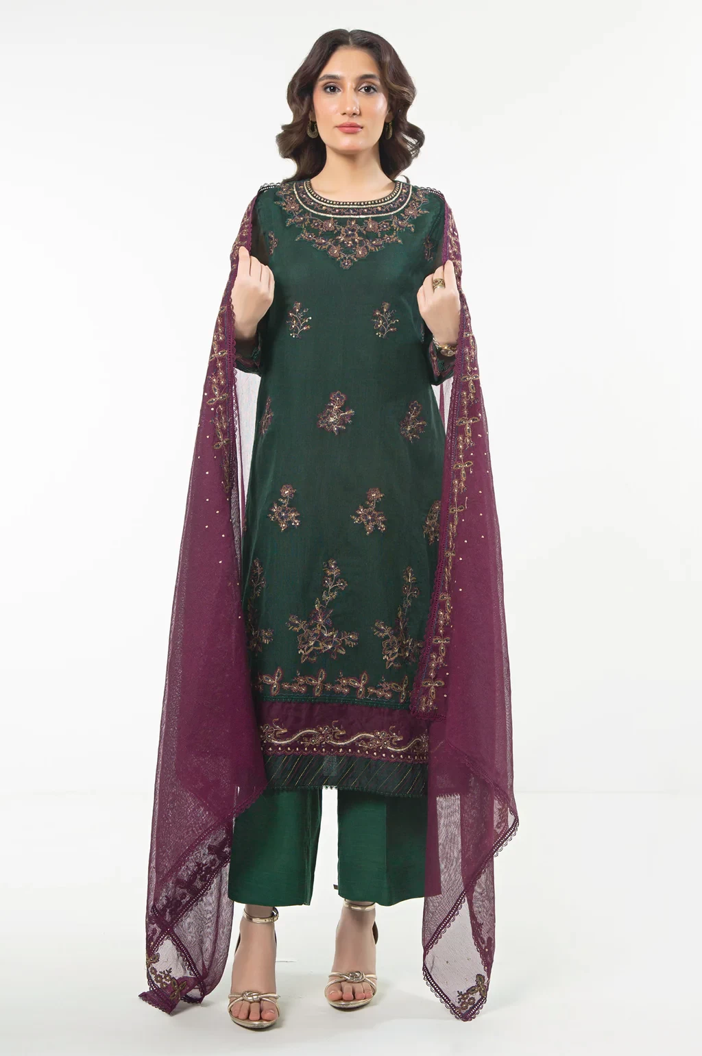 EMBROIDERED KHADDI NET 3 PIECE SUIT - WUM35220
