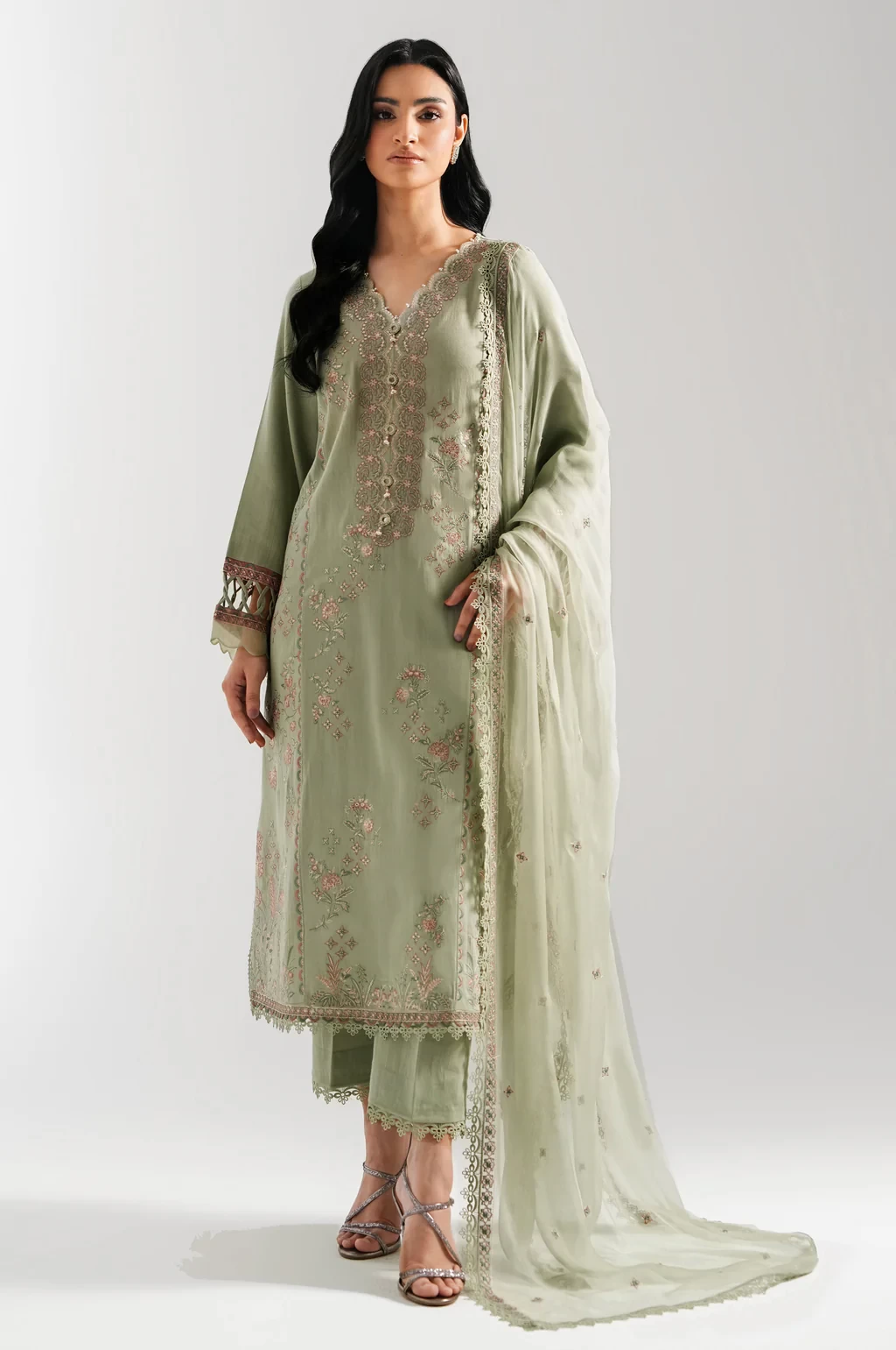 EMBROIDERED COTTON SATIN 3 PIECE SUIT - WUM35245