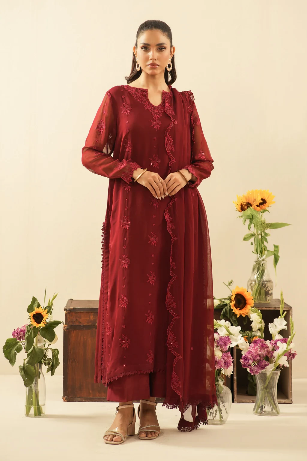 EMBROIDERED CHIFFON 3 PIECE SUIT - WUM36110