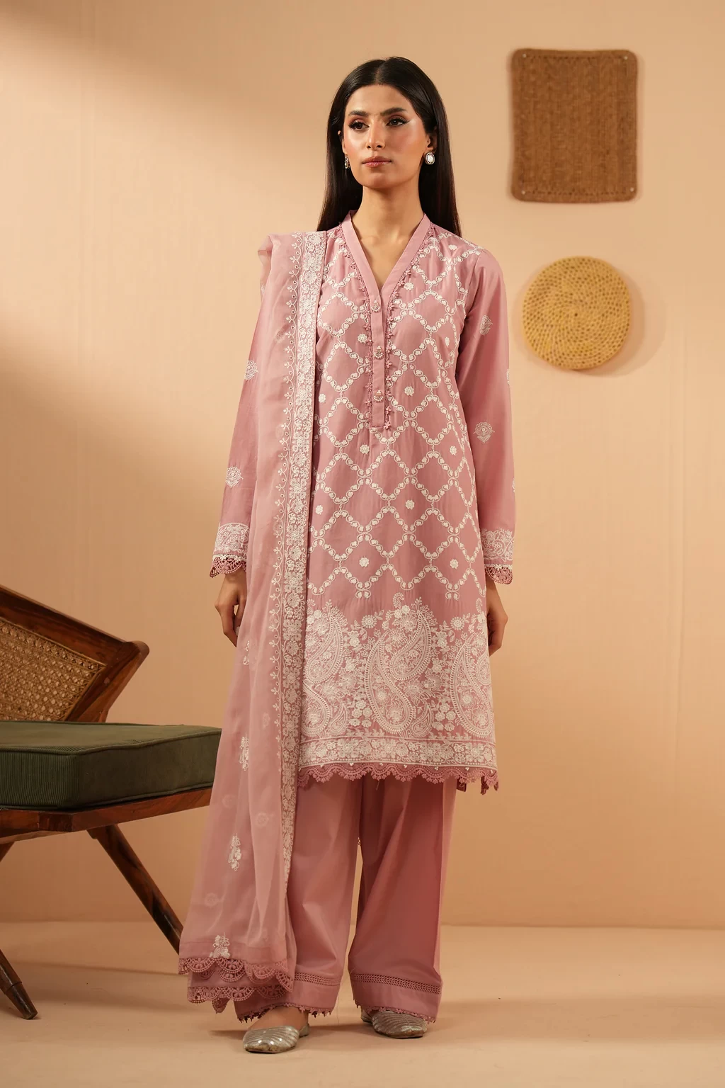 EMBROIDERED CHIKANKARI 3 PIECE SUIT - SKU: WFM36246