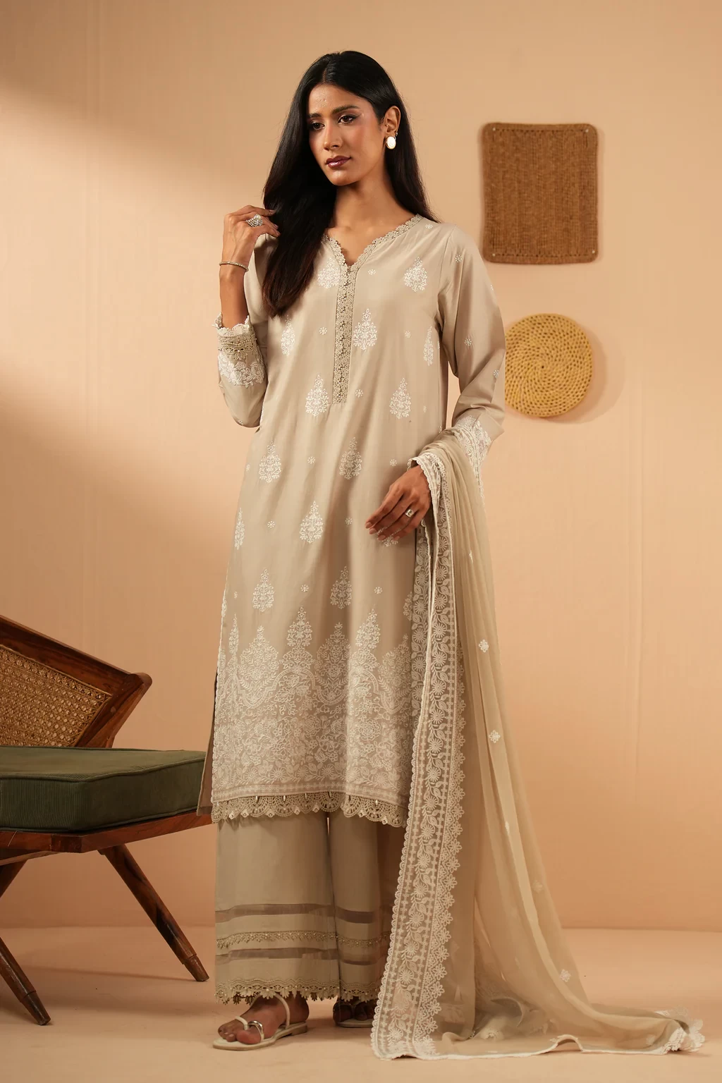 EMBROIDERED CHIKANKARI 3 PIECE SUIT - WFM36247