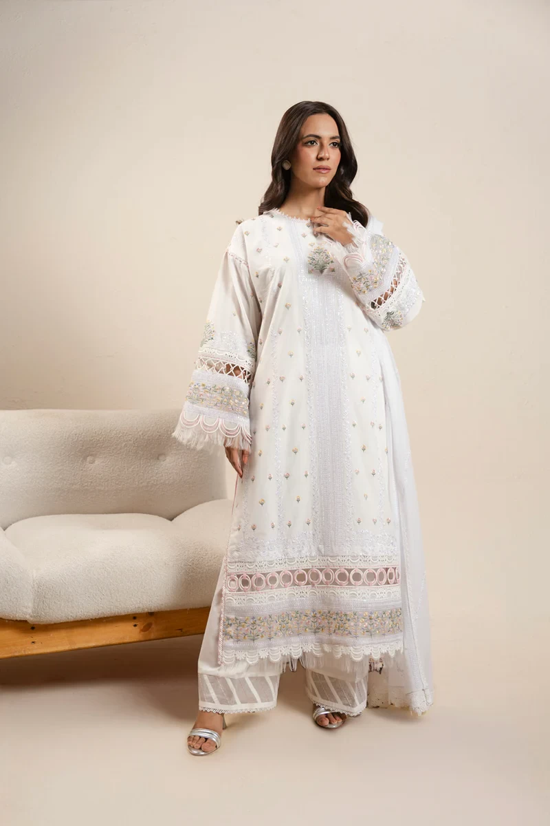 RTS | SHIRT, TROUSER & DUPATTA CAMBRIC | EMBROIDERED - SKU: CAW-03-26-White
