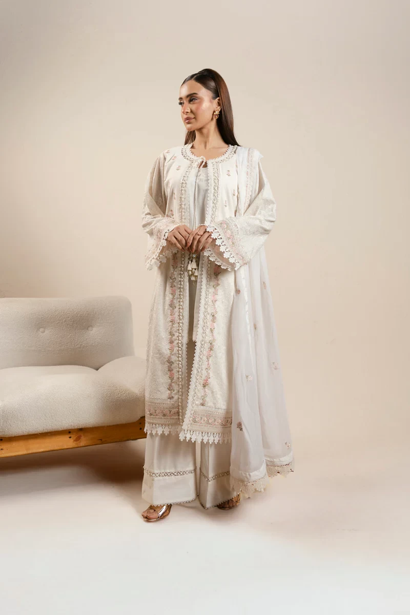 RTS | SHIRT, TROUSER & DUPATTA CAMBRIC | EMBROIDERED - SKU: CAW-08-26-Off White