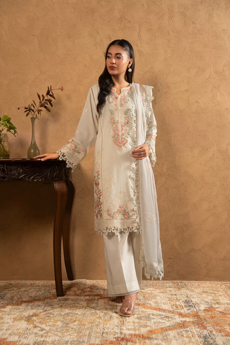 RTS | SHIRT, TROUSER & DUPATTA LAWN | EMBROIDERED - SKU: M-04-26-White
