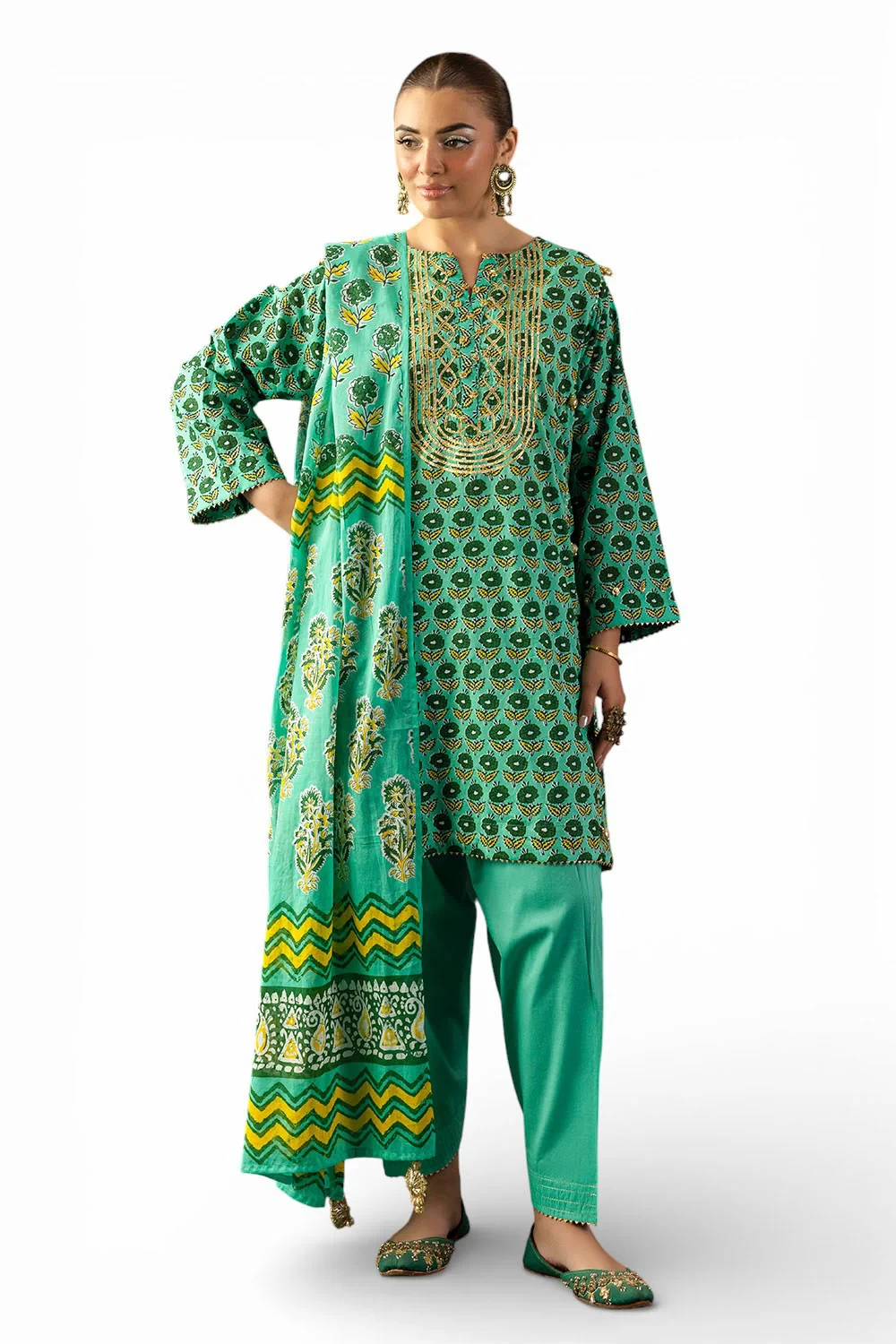 3 Piece Gota Embroidered Lawn Suit with Printed Lawn Dupatta CL-62044 - W-FB-HT-