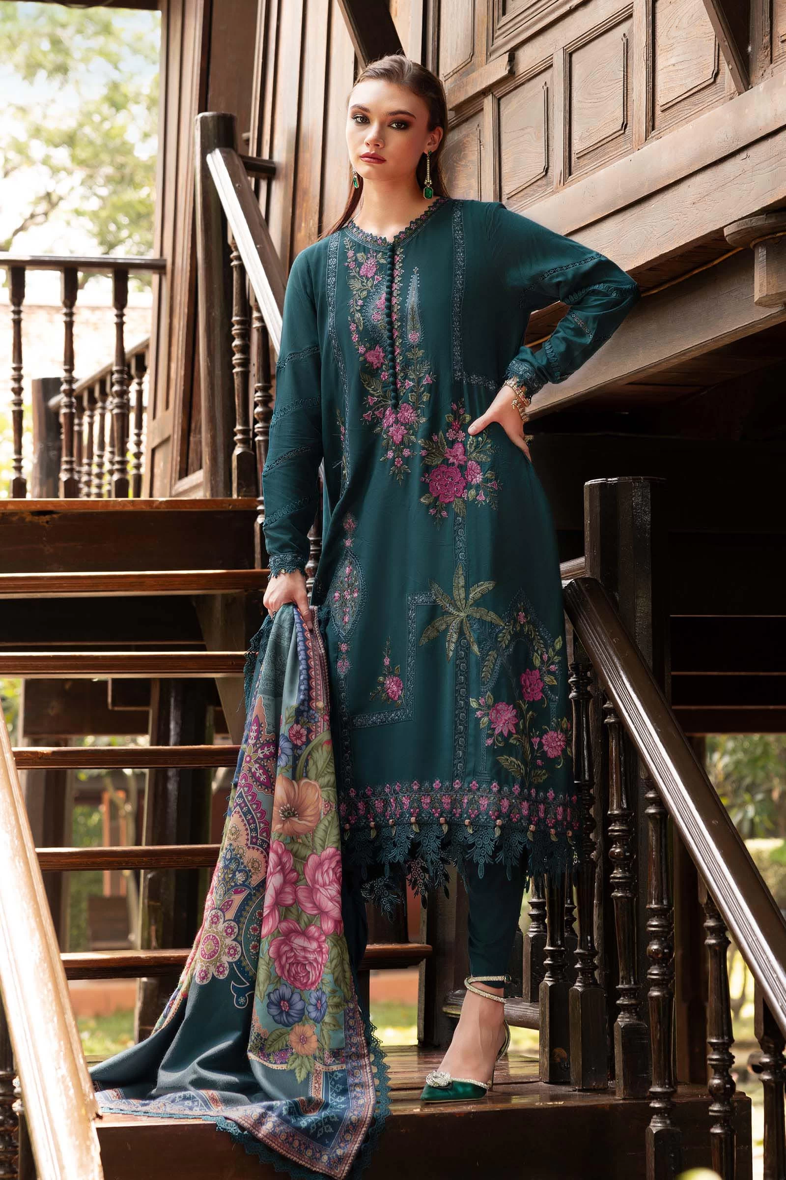 3 Piece Embroidered Twill Linen Suit - MPT-2807-B