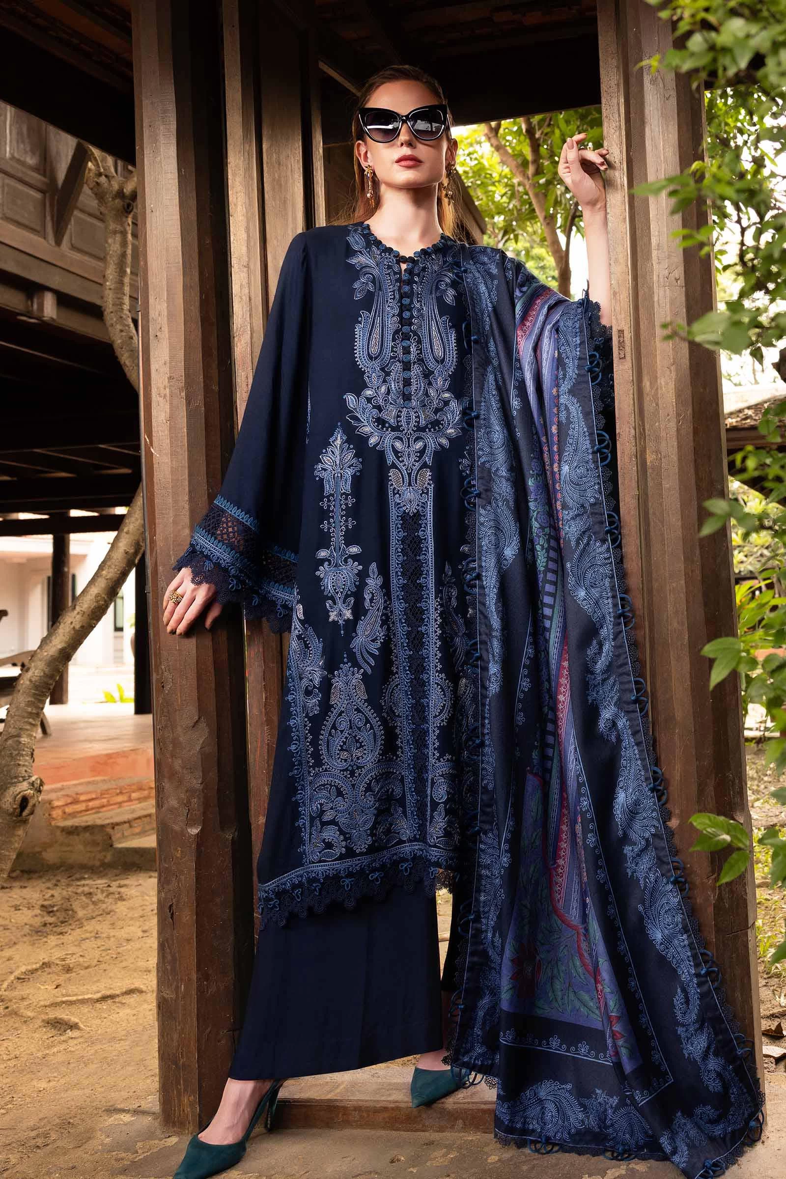 3 Piece Embroidered Twill Linen Suit - MPT-2803-B