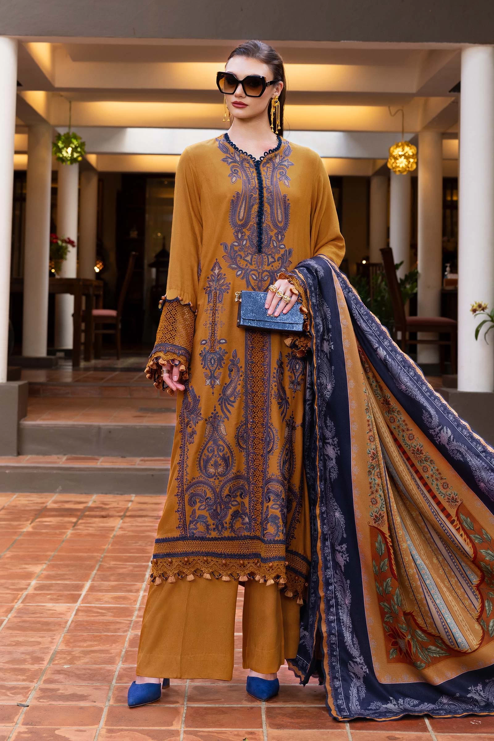 3 Piece Embroidered Twill Linen Suit - MPT-2803-A