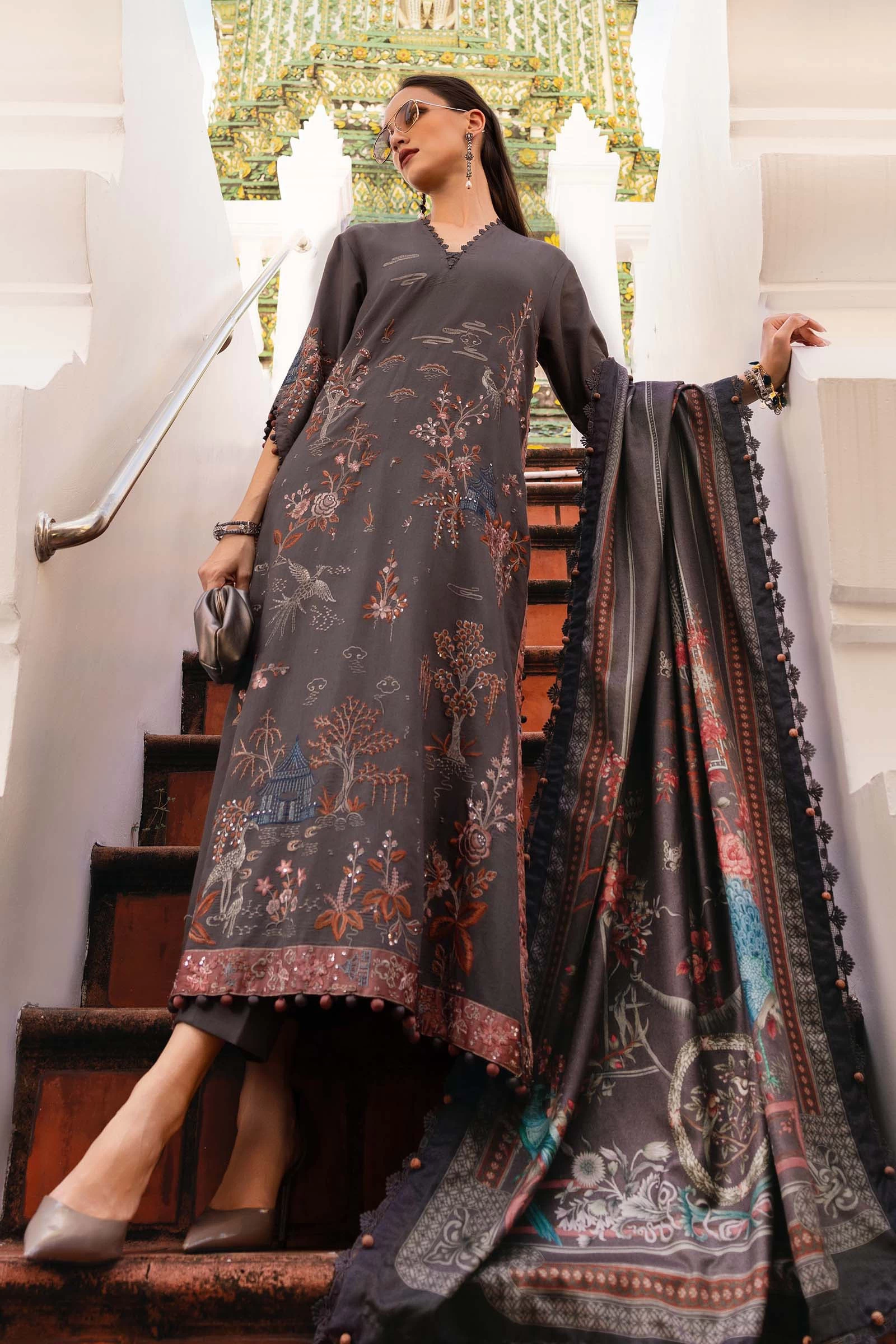 3 Piece Embroidered Twill Linen Suit - MPT-2801-B