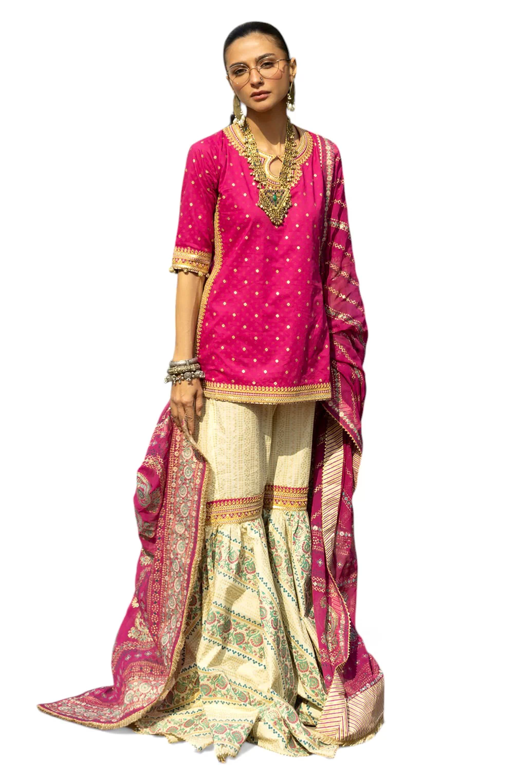 3 Piece Gold and Lacquer Printed Lawn Gharara Suit with Gold and Lacquer Printed
