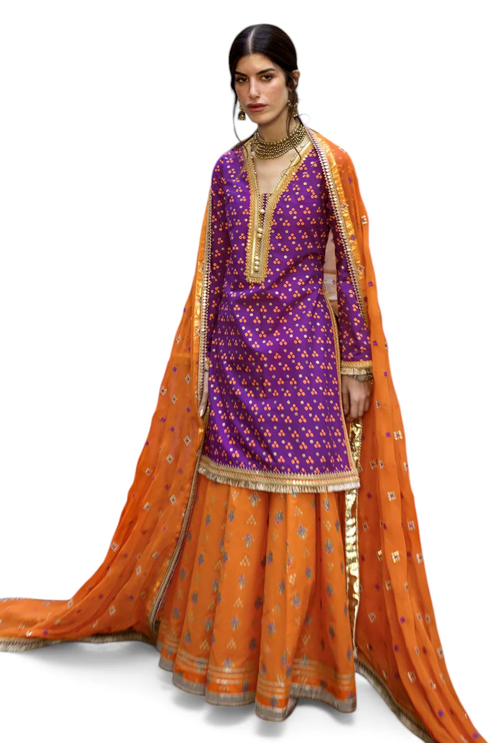 3 Piece Gold and Lacquer Printed Lawn Suit with Embroidered Chiffon Dupatta and 