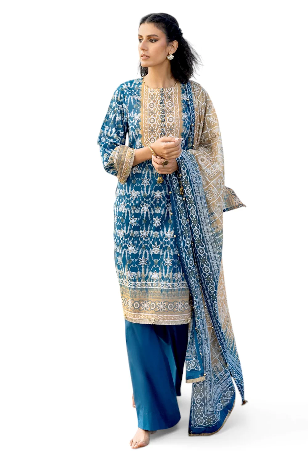 3 Piece Lacquer Printed Lawn Suit with Lacquer Printed Lawn Dupatta and Dyed Tro