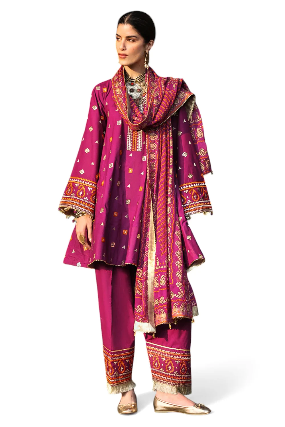 3 Piece Embroidered Lawn Suit with Gold and Lacquer Printed Chiffon Dupatta and 
