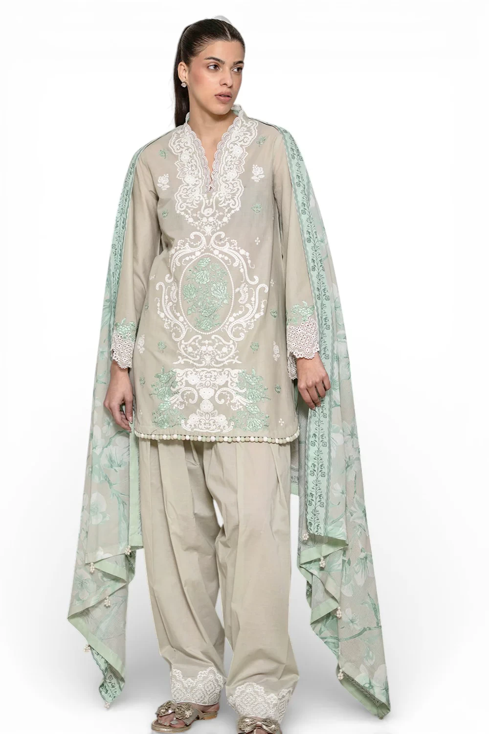 3 Piece Embroidered Lawn Suit with Denting Lawn Dupatta and Border DN-62027 - W-