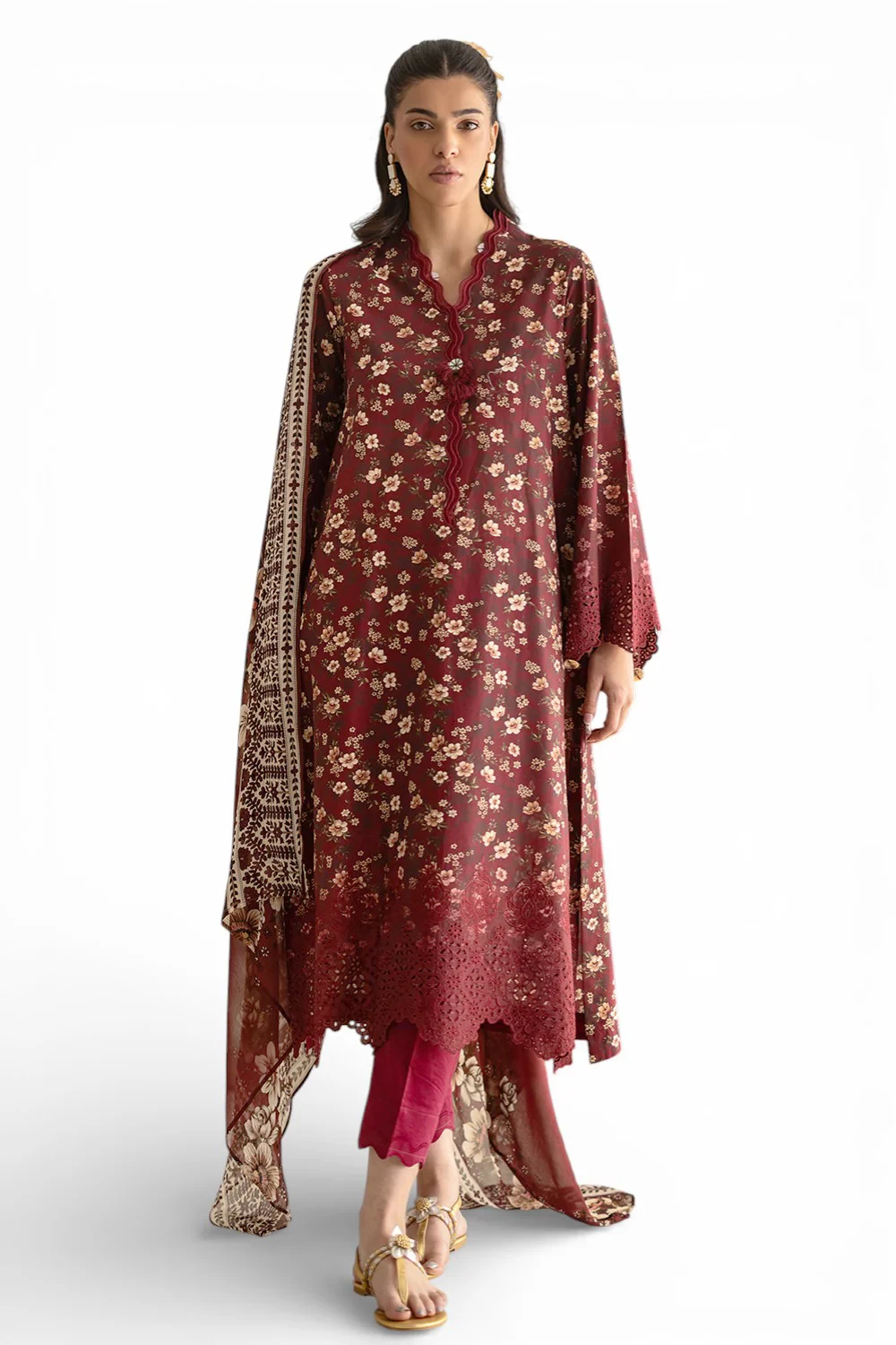 3 Piece Embroidered Printed Lawn Suit with Chiffon Dupatta BM-62023 - W-FB-FS-26