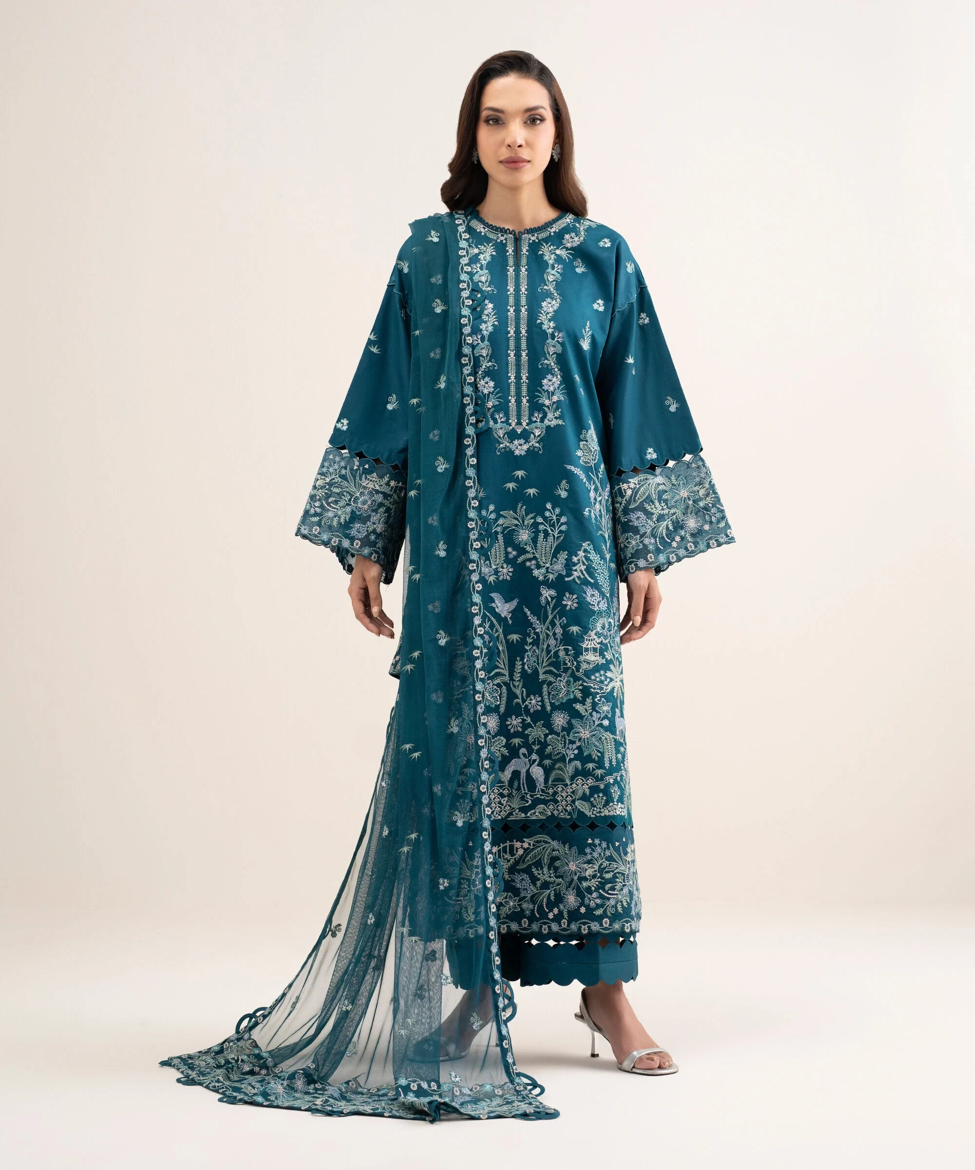 3 Piece Embroidered Cotton Satin Suit - U3FEBUS26V13