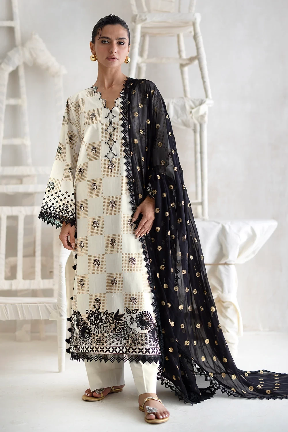 3 Piece Embroidered Gold Printed Dobby Cotton Slub Suit - W-FB-LC-26-477273
