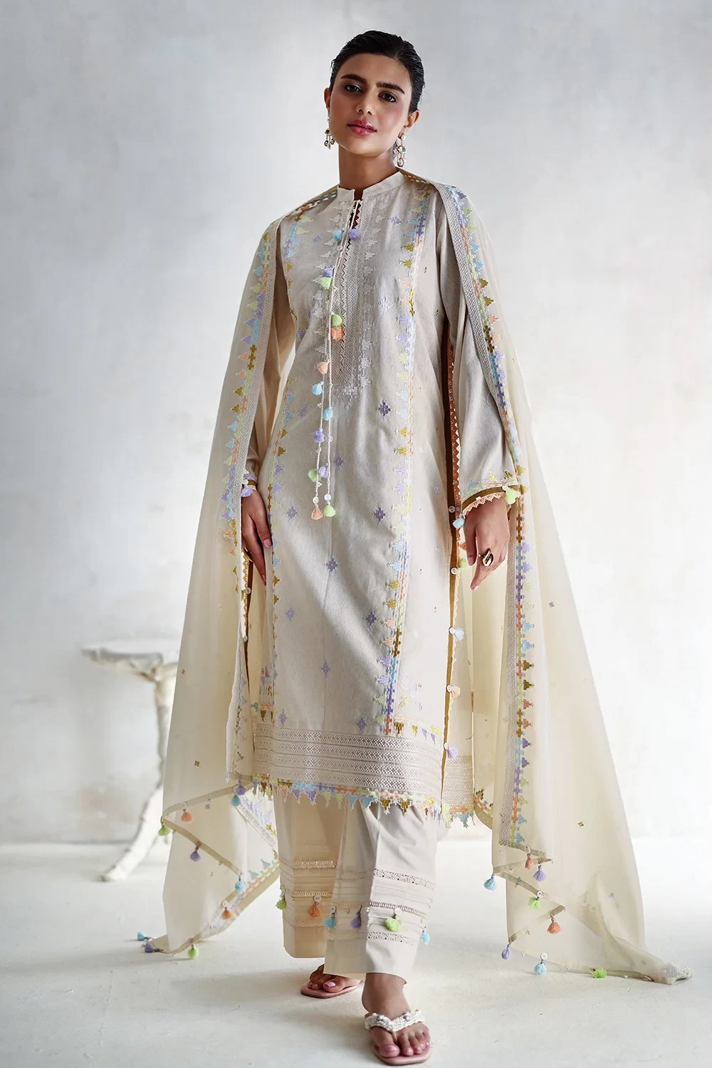 3 Piece Embroidered Cotton Nylon Suit - W-FB-LC-26-477274