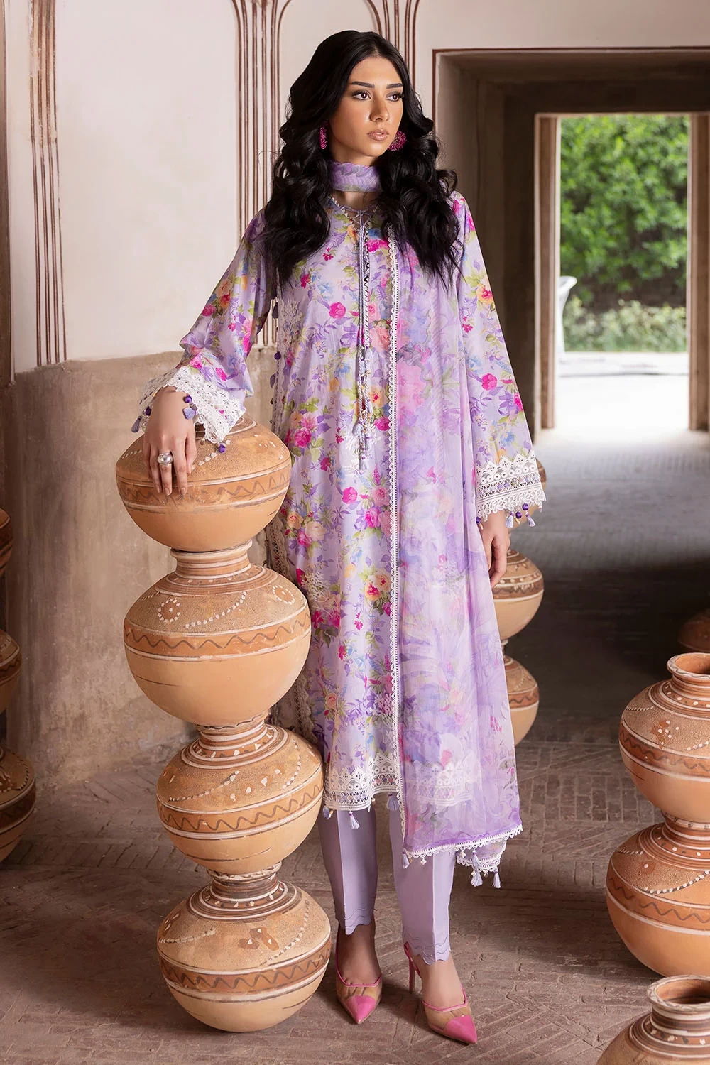 3 Piece Embroidered Printed Lawn Suit with Printed Chiffon Dupatta and Lace - BM
