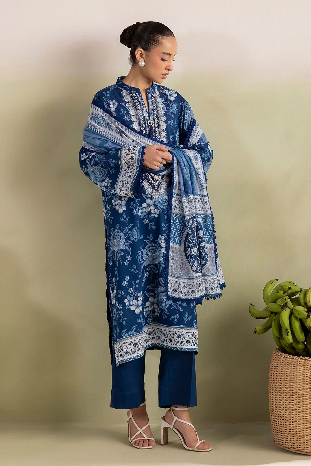 3 Piece Printed Lawn Suit with Embroidered Neckline and Printed Lawn Dupatta - C