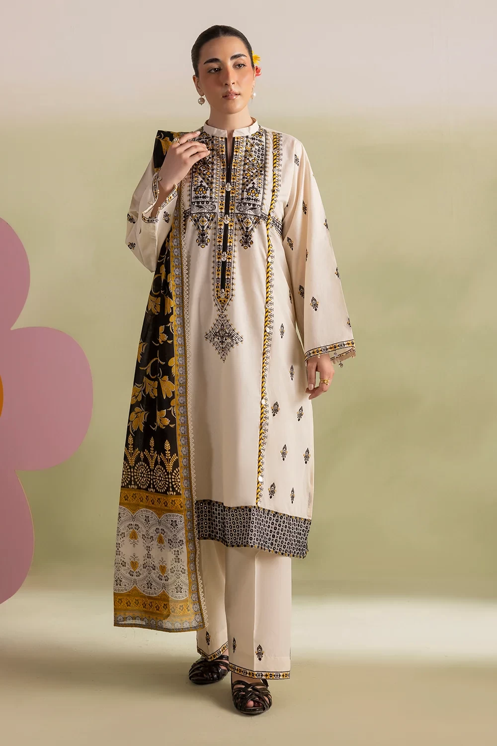3 Piece Embroidered Lawn Suit with Embroidered Borders and Embroidered Trouser -