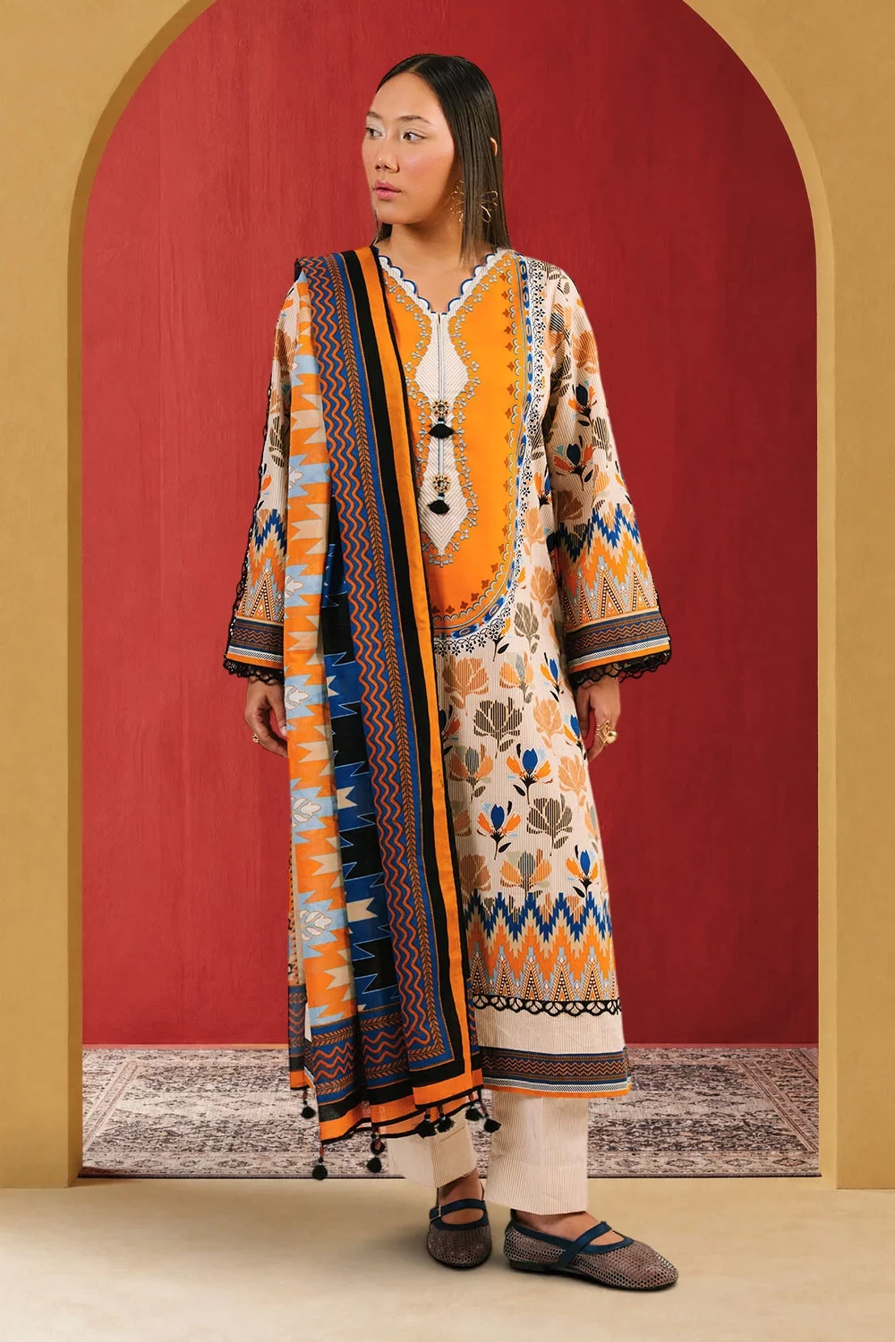 3 Piece Printed Cotton Suit with Printed Lawn Dupatta - W-FB-AP-26-479353