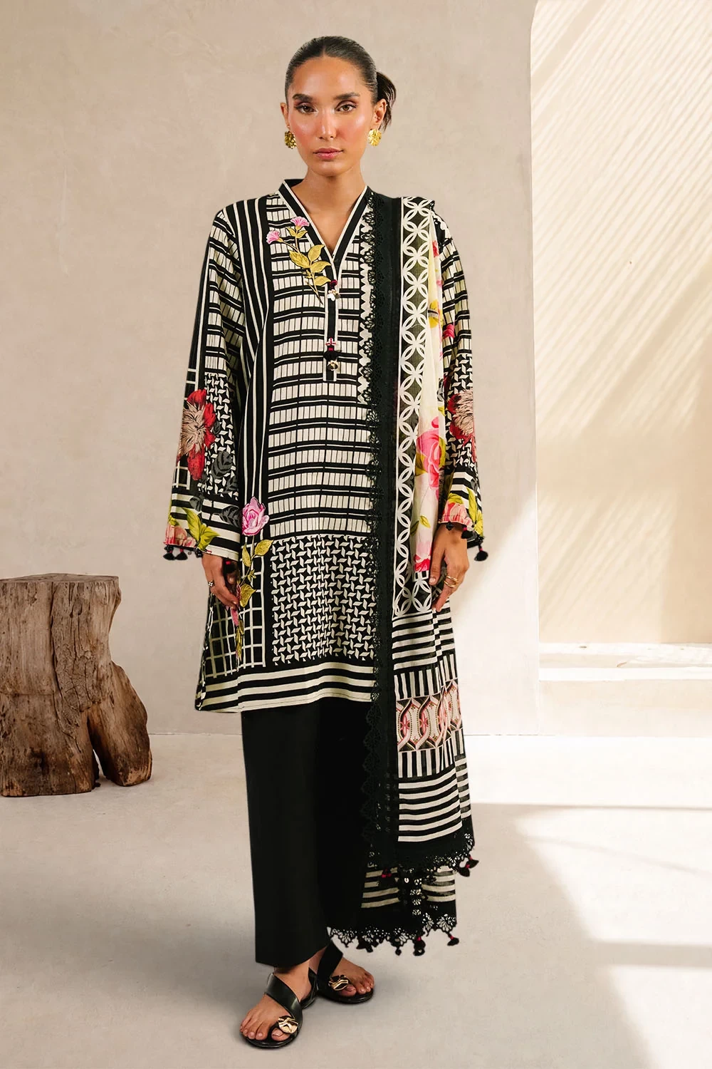 3 Piece Printed Cotton Suit with Printed Denting Lawn Dupatta and Embroidered Bu