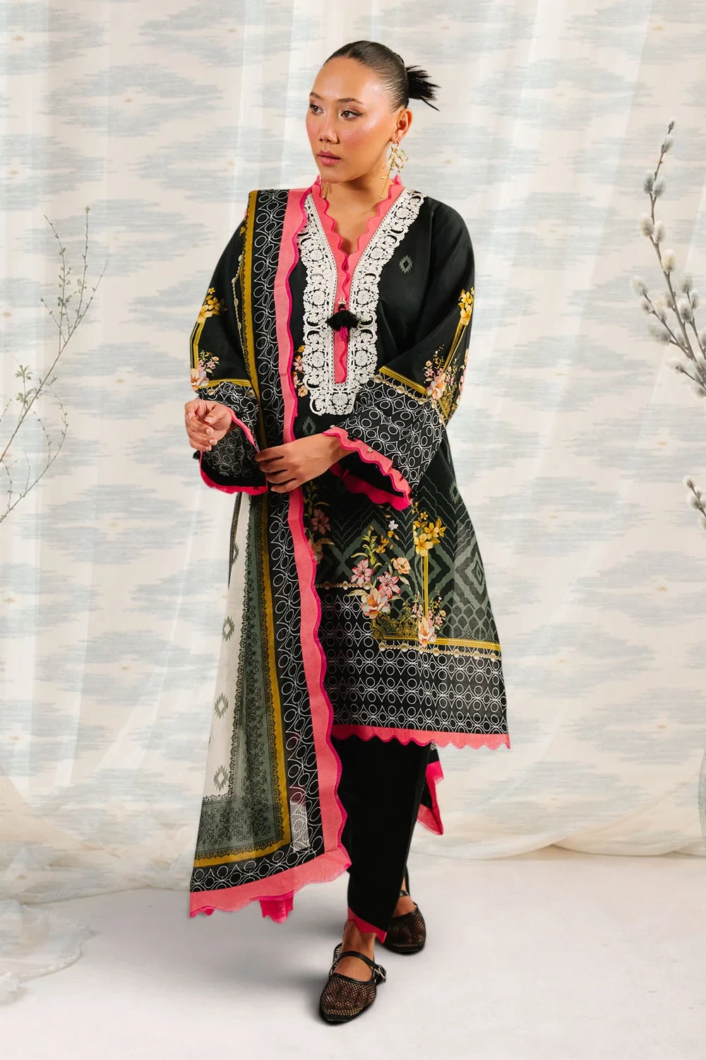 3 Piece Printed Cotton Suit with Printed Denting Lawn Dupatta and Embroidered Ne