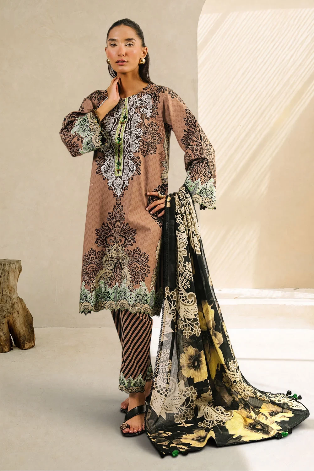 3 Piece Printed Cotton Suit with Printed Denting Lawn Dupatta and Embroidered Ne