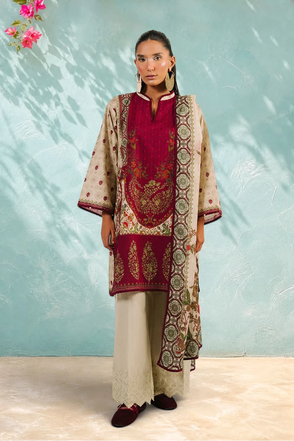 3 Piece Printed Cotton Suit with Printed Denting Lawn Dupatta and Embroidered Tr