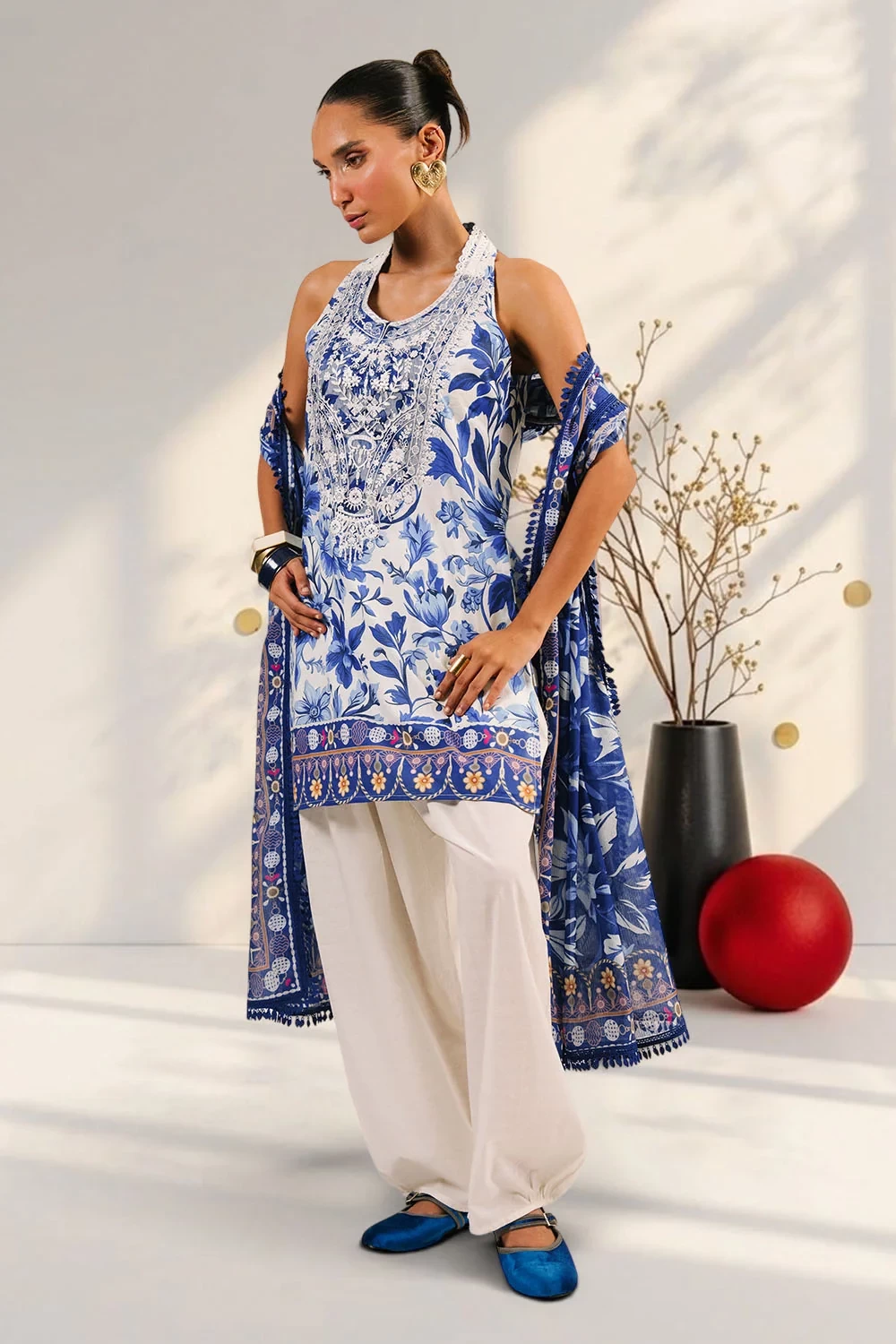 3 Piece Printed Cotton Suit with Printed Denting Lawn Dupatta and Embroidered Ne
