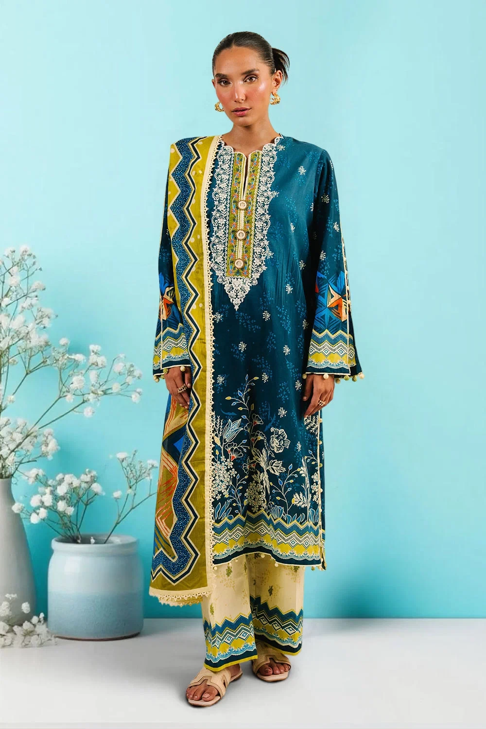 3 Piece Printed Cotton Suit with Printed Denting Lawn Dupatta and Embroidered Ne
